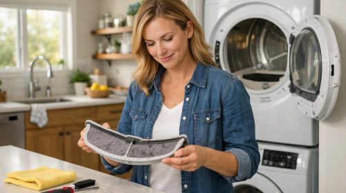 Homeowner cleaning dryer lint filter to improve appliance energy efficiency