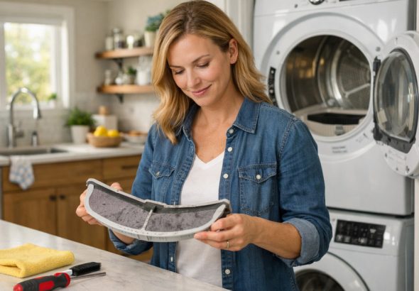 Homeowner cleaning dryer lint filter to improve appliance energy efficiency