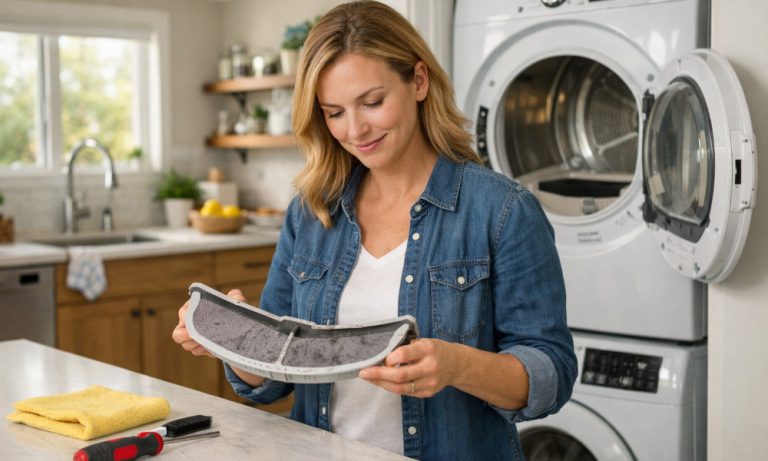 Homeowner cleaning dryer lint filter to improve appliance energy efficiency