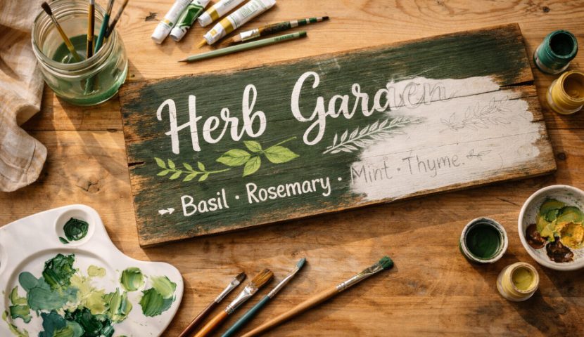 DIY herb garden sign workspace with wood board, paint, brushes, and partially finished design