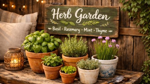 DIY painted herb garden sign displayed on a patio with potted herbs in a cozy outdoor setup