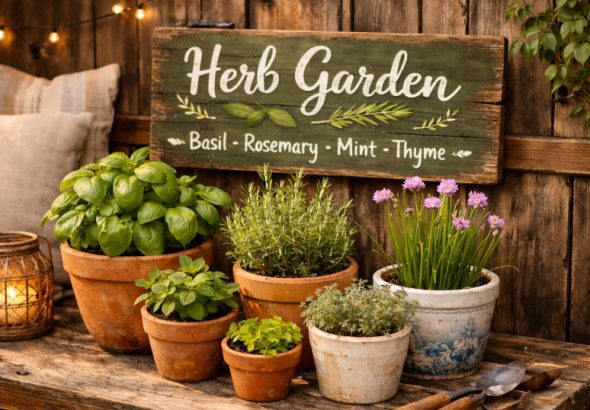 DIY painted herb garden sign displayed on a patio with potted herbs in a cozy outdoor setup