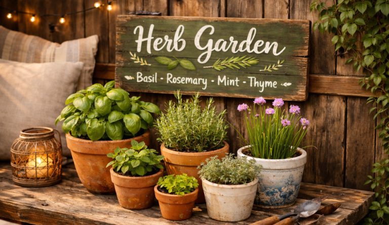 DIY painted herb garden sign displayed on a patio with potted herbs in a cozy outdoor setup