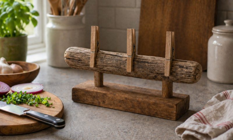 Freestanding DIY recipe card holder made with wooden clothespins and driftwood on a kitchen countertop