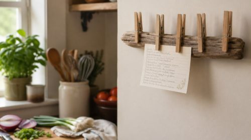 DIY recipe card holder made with wooden clothespins on driftwood hanging in a cozy kitchen with a handwritten recipe card