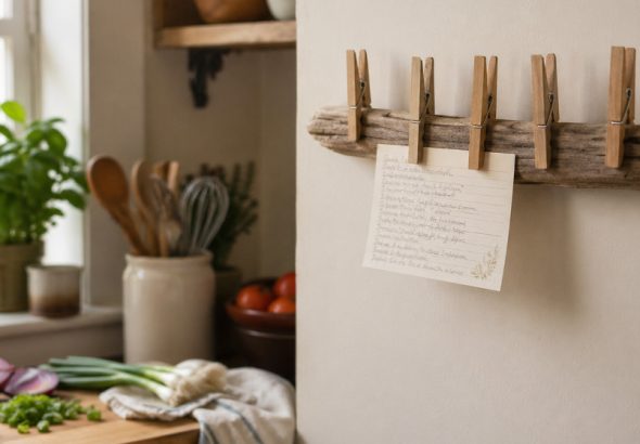 DIY recipe card holder made with wooden clothespins on driftwood hanging in a cozy kitchen with a handwritten recipe card