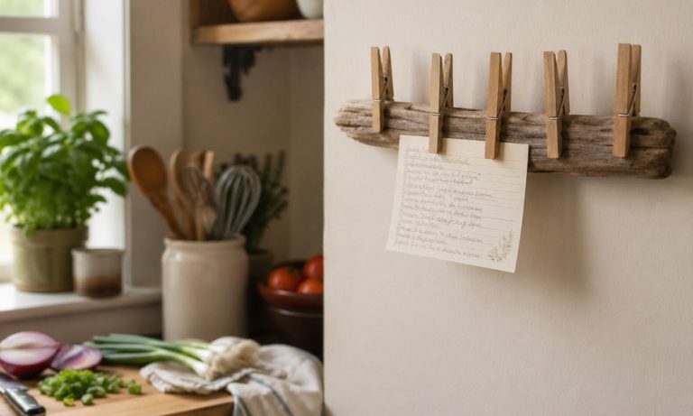 DIY recipe card holder made with wooden clothespins on driftwood hanging in a cozy kitchen with a handwritten recipe card