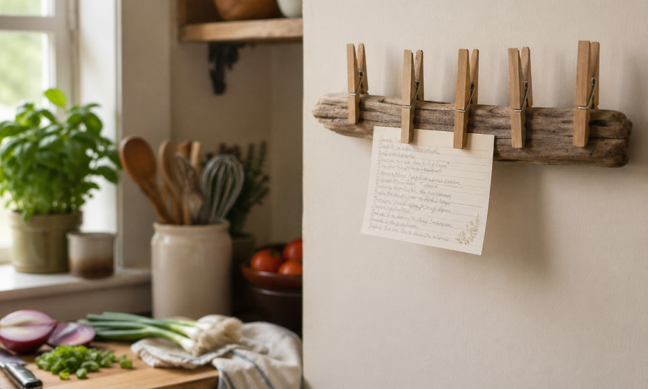 DIY recipe card holder made with wooden clothespins on driftwood hanging in a cozy kitchen with a handwritten recipe card