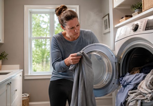 Slow dryer with damp clothes after one cycle in an Alpharetta home laundry room