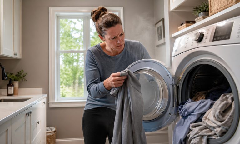 Slow dryer with damp clothes after one cycle in an Alpharetta home laundry room