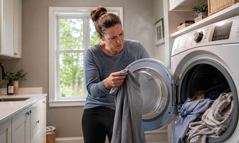 Slow dryer with damp clothes after one cycle in an Alpharetta home laundry room