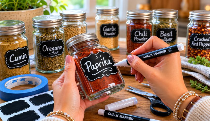 diy-chalkboard-spice-jar-labels-2 Close-up of hands writing DIY chalkboard spice jar labels with a white chalk marker beside organized glass spice jars and kitchen craft supplies on a wooden countertop.