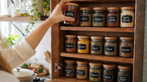 Organized kitchen spice cabinet with matching glass jars featuring handmade chalkboard labels, white chalk marker lettering, and a person reaching for spices while cooking in a bright, cozy kitchen.
