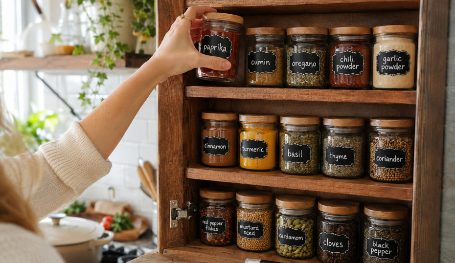 Organized kitchen spice cabinet with matching glass jars featuring handmade chalkboard labels, white chalk marker lettering, and a person reaching for spices while cooking in a bright, cozy kitchen.
