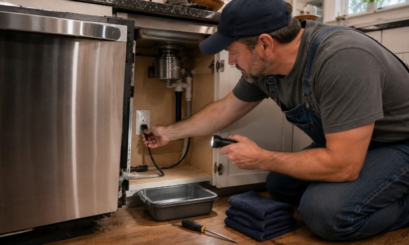 Homeowner unplugging a dishwasher under the kitchen sink before starting a DIY repair for a dishwasher that will not drain.