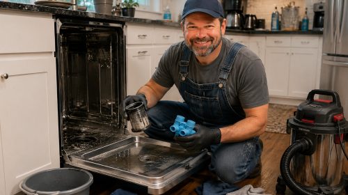 Homeowner cleaning a clogged dishwasher filter while troubleshooting standing water inside an open dishwasher in a modern kitchen.