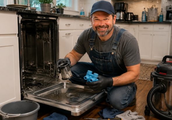 Homeowner cleaning a clogged dishwasher filter while troubleshooting standing water inside an open dishwasher in a modern kitchen.