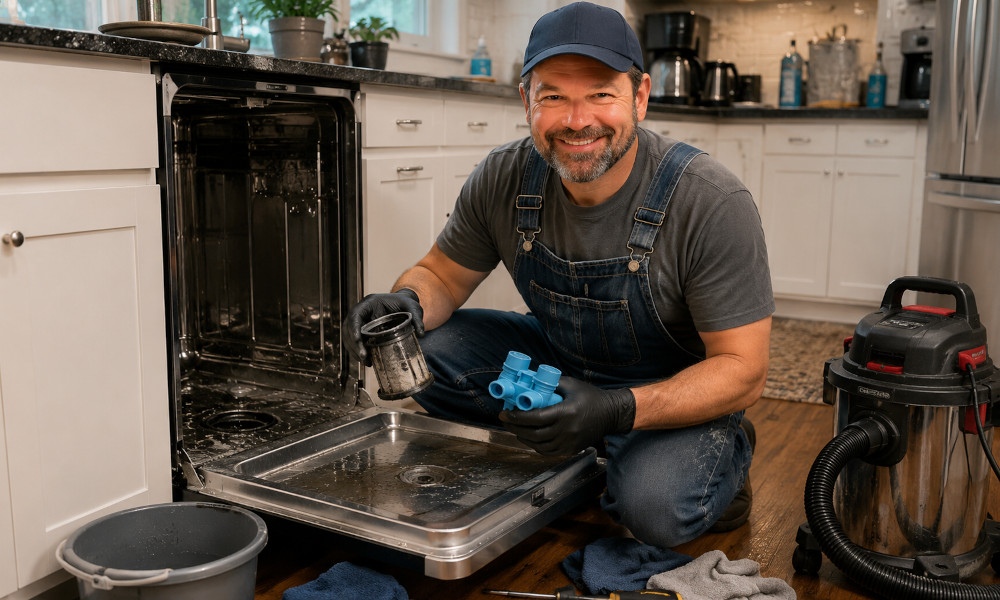 Homeowner cleaning a clogged dishwasher filter while troubleshooting standing water inside an open dishwasher in a modern kitchen.