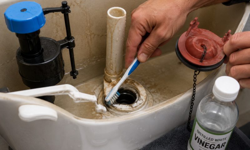 how-to-fix-a-running-toilet-diy-2 Close-up of a toilet tank interior showing a homeowner scrubbing mineral buildup from the flush valve seat with a toothbrush and white vinegar before you fix a running toilet