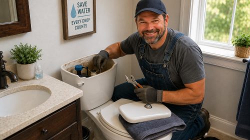 Handyman repairing a running toilet in a residential bathroom with the tank lid removed, adjusting the flapper and fill valve inside the toilet tank using basic plumbing tools.