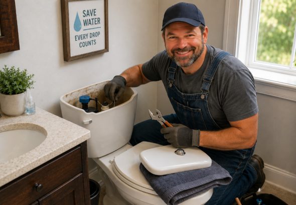 Handyman repairing a running toilet in a residential bathroom with the tank lid removed, adjusting the flapper and fill valve inside the toilet tank using basic plumbing tools.