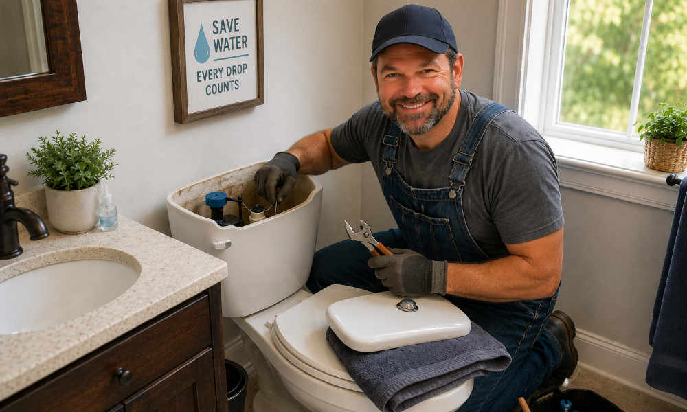 Handyman repairing a running toilet in a residential bathroom with the tank lid removed, adjusting the flapper and fill valve inside the toilet tank using basic plumbing tools.