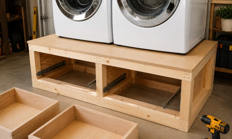 Homemade wooden laundry pedestal with open drawer compartments and pull-out storage boxes beneath a front-load washer and dryer during the construction process.