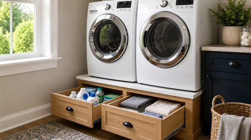 Learn how I built a DIY laundry pedestal with built-in storage in my Marietta home. This beginner-friendly project adds storage, raises your washer and dryer, and makes laundry day more comfortable.