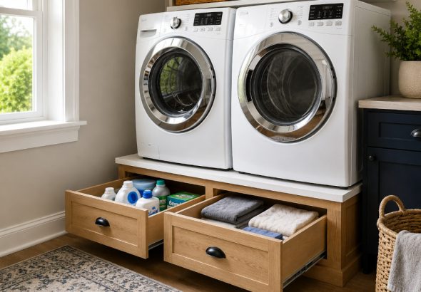 Learn how I built a DIY laundry pedestal with built-in storage in my Marietta home. This beginner-friendly project adds storage, raises your washer and dryer, and makes laundry day more comfortable.
