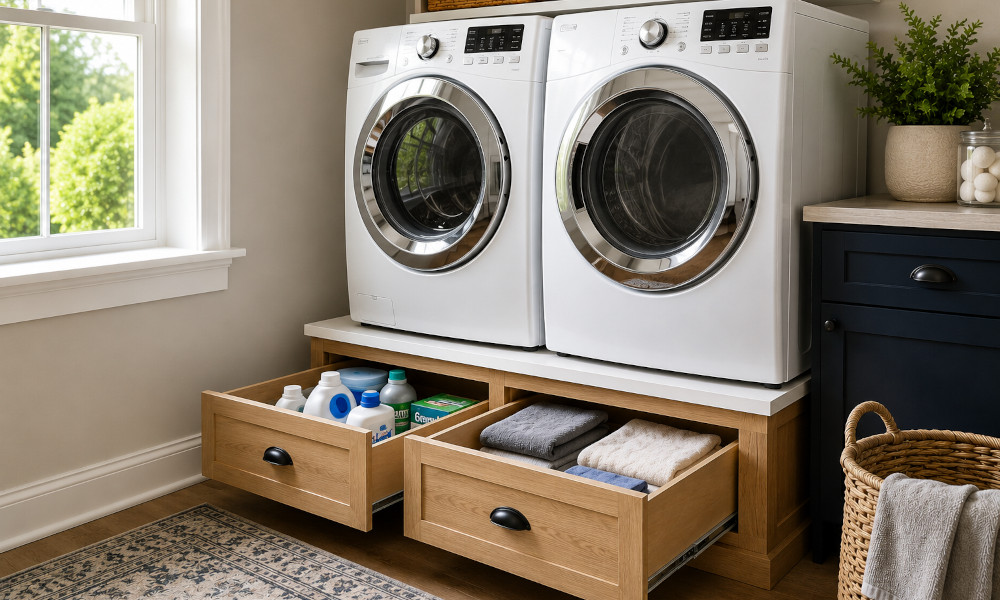 Learn how I built a DIY laundry pedestal with built-in storage in my Marietta home. This beginner-friendly project adds storage, raises your washer and dryer, and makes laundry day more comfortable.
