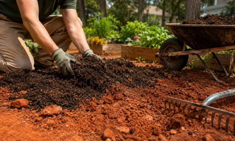 Gardener spreading compost over Georgia red clay soil to improve drainage, structure, and plant growth before planting a garden bed.