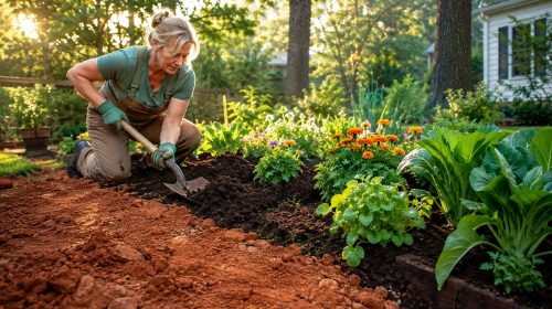 Gardener improving Georgia red clay soil with compost in a backyard garden, showing the transition from dense red clay to rich, fertile soil supporting healthy vegetables, flowers, and thriving plants.