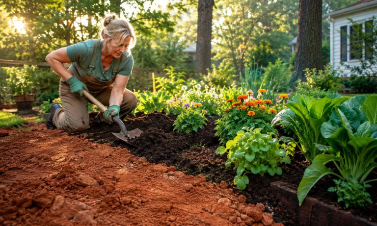 Gardener improving Georgia red clay soil with compost in a backyard garden, showing the transition from dense red clay to rich, fertile soil supporting healthy vegetables, flowers, and thriving plants.