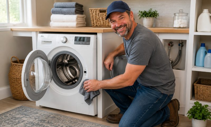 maintain-home-appliances-before-they-break-down-2 Handyman Bob cleaning the rubber door gasket of a front-load washing machine to prevent mold, odors, and moisture buildup as part of home maintenance schedule.