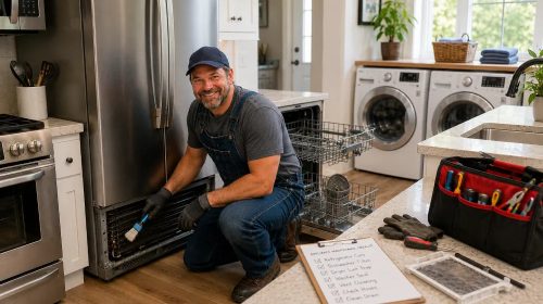 Homeowner cleaning refrigerator condenser coils while performing routine maintenance on household appliances in a modern kitchen and laundry room.