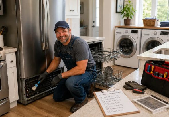 Homeowner cleaning refrigerator condenser coils while performing routine maintenance on household appliances in a modern kitchen and laundry room.