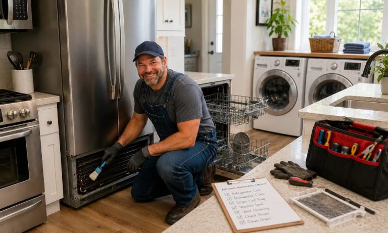 Homeowner cleaning refrigerator condenser coils while performing routine maintenance on household appliances in a modern kitchen and laundry room.