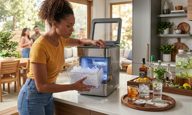  Homeowner troubleshooting a countertop ice maker producing cloudy ice and uneven ice cubes in a modern kitchen.