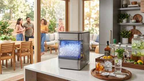 Homeowner cleaning and maintaining a countertop ice maker in a modern kitchen to improve performance and extend appliance lifespan.