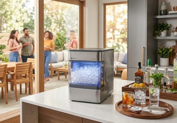 Homeowner cleaning and maintaining a countertop ice maker in a modern kitchen to improve performance and extend appliance lifespan.