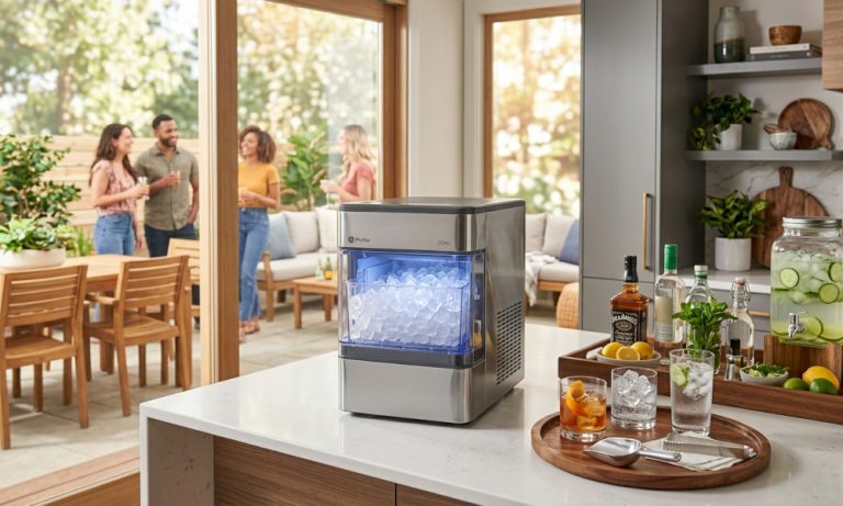 Homeowner cleaning and maintaining a countertop ice maker in a modern kitchen to improve performance and extend appliance lifespan.