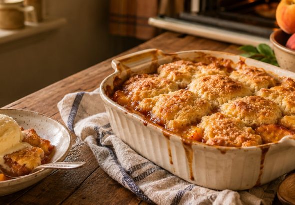 Freshly baked homemade Buford peach cobbler with a golden, flaky biscuit topping in a white ceramic baking dish, surrounded by ripe Georgia peaches in a warm farmhouse kitchen. A serving topped with vanilla ice cream sits nearby, while a softly blurred oven in the background evokes the nostalgic story behind this classic Southern dessert.