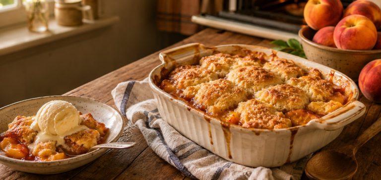 Freshly baked homemade Buford peach cobbler with a golden, flaky biscuit topping in a white ceramic baking dish, surrounded by ripe Georgia peaches in a warm farmhouse kitchen. A serving topped with vanilla ice cream sits nearby, while a softly blurred oven in the background evokes the nostalgic story behind this classic Southern dessert.