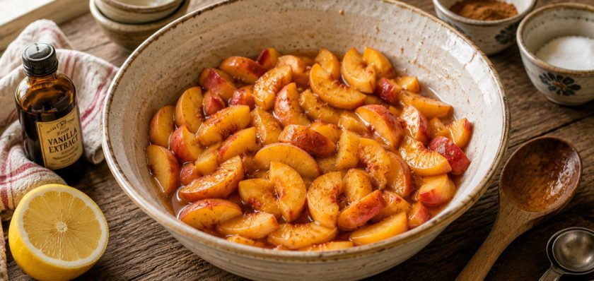 Fresh Georgia peaches mixed with sugar, cinnamon, lemon juice, vanilla, and cornstarch rest in a rustic ceramic bowl as they release their juices before baking. The bowl is surrounded by baking ingredients and tools on a wooden farmhouse table in warm natural light, illustrating the first step of making homemade Buford peach cobbler.