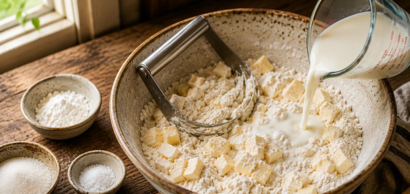 Biscuit topping ingredients for homemade Buford peach cobbler are combined in a rustic ceramic mixing bowl, with cold butter cut into the flour and buttermilk being poured in to create a light, flaky dough. Baking ingredients and tools are arranged on a wooden farmhouse countertop in warm natural light.