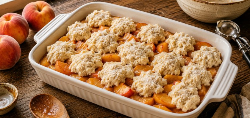 A white ceramic baking dish filled with cinnamon-spiced Georgia peach filling is topped with rustic spoonfuls of biscuit dough and lightly sprinkled with sugar before baking. Fresh peaches, a wooden spoon, and baking tools rest on a rustic farmhouse countertop in warm natural light, showing the assembly step of homemade Buford peach cobbler.