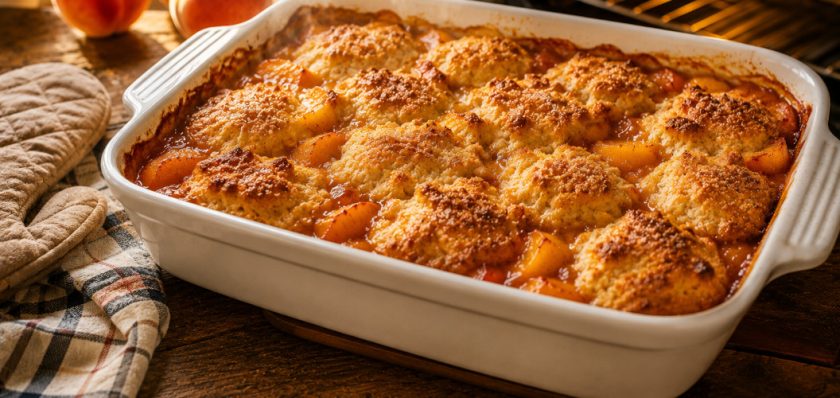 Freshly baked homemade Buford peach cobbler with a golden, flaky biscuit topping and bubbling Georgia peach filling in a white ceramic baking dish. Steam rises from the cobbler beside an open oven in a cozy farmhouse kitchen, illustrating the final baking step before serving.