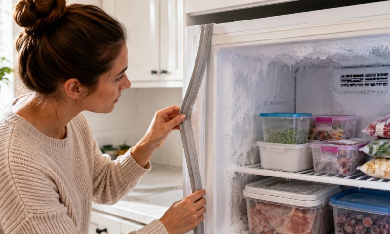 Homeowner inspecting the door gasket of a frost-covered freezer to identify the cause of recurring ice buildup and improve freezer performance.