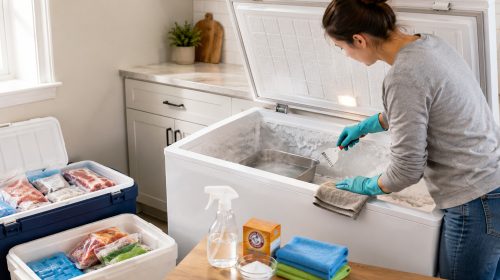 Homeowner using hot water and a plastic scraper to deep clean and defrost a chest freezer while frozen food is safely stored in coolers nearby.