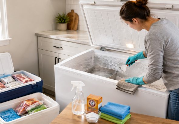 Homeowner using hot water and a plastic scraper to deep clean and defrost a chest freezer while frozen food is safely stored in coolers nearby.